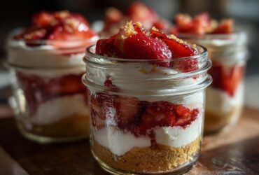 Close-up of a layered No-Bake Strawberry Cream Pie Jars featuring graham cracker crust, cream filling, and fresh strawberries.