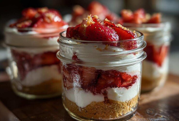 Close-up of a layered No-Bake Strawberry Cream Pie Jars featuring graham cracker crust, cream filling, and fresh strawberries.