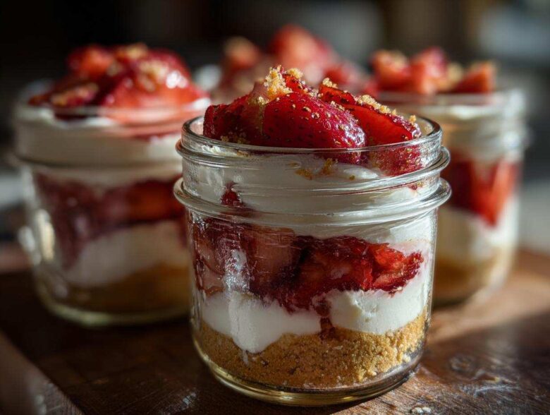 Close-up of a layered No-Bake Strawberry Cream Pie Jars featuring graham cracker crust, cream filling, and fresh strawberries.