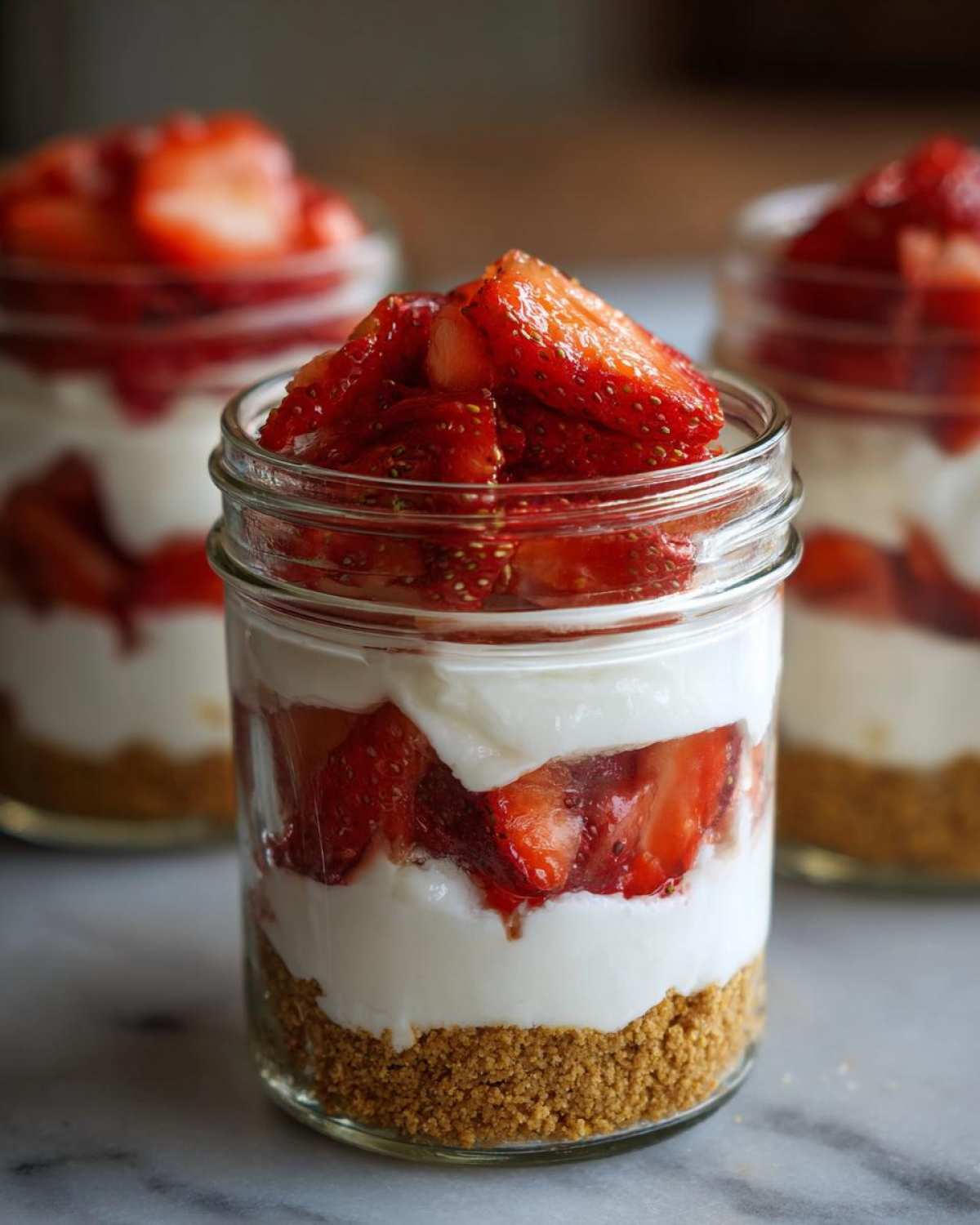 Close-up of a layered No-Bake Strawberry Cream Pie Jars showing graham cracker crust, white cream, and fresh strawberries.