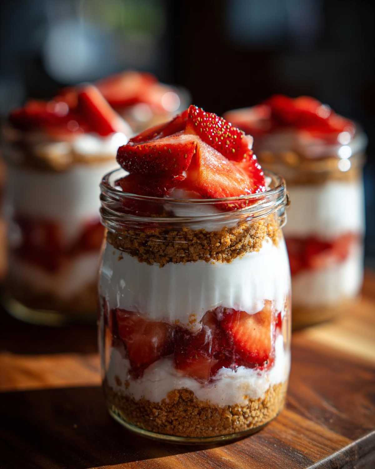 A close-up of a layered No-Bake Strawberry Cream Pie Jars featuring graham cracker crust, cream filling, and fresh sliced strawberries.