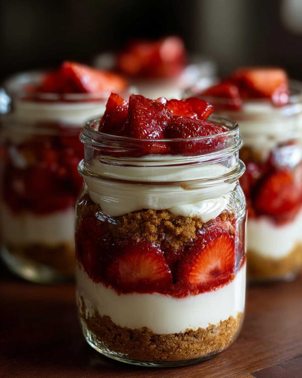 Close-up of a layered No-Bake Strawberry Cream Pie Jars featuring graham cracker crust, cream filling, and fresh strawberries.