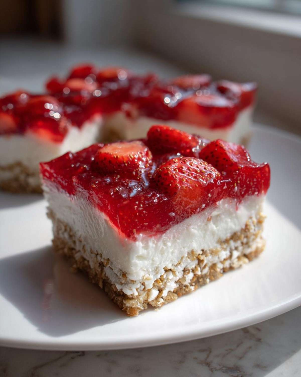 A close-up of a square slice of No-Bake Strawberry Pretzel Dessert Bars featuring a pretzel crust, cream cheese layer, and strawberry topping.
