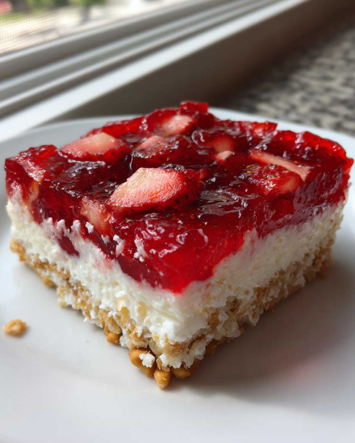 A perfect square slice of No-Bake Strawberry Pretzel Dessert Bars showing the pretzel crust, cream cheese layer, and strawberry gelatin topping.