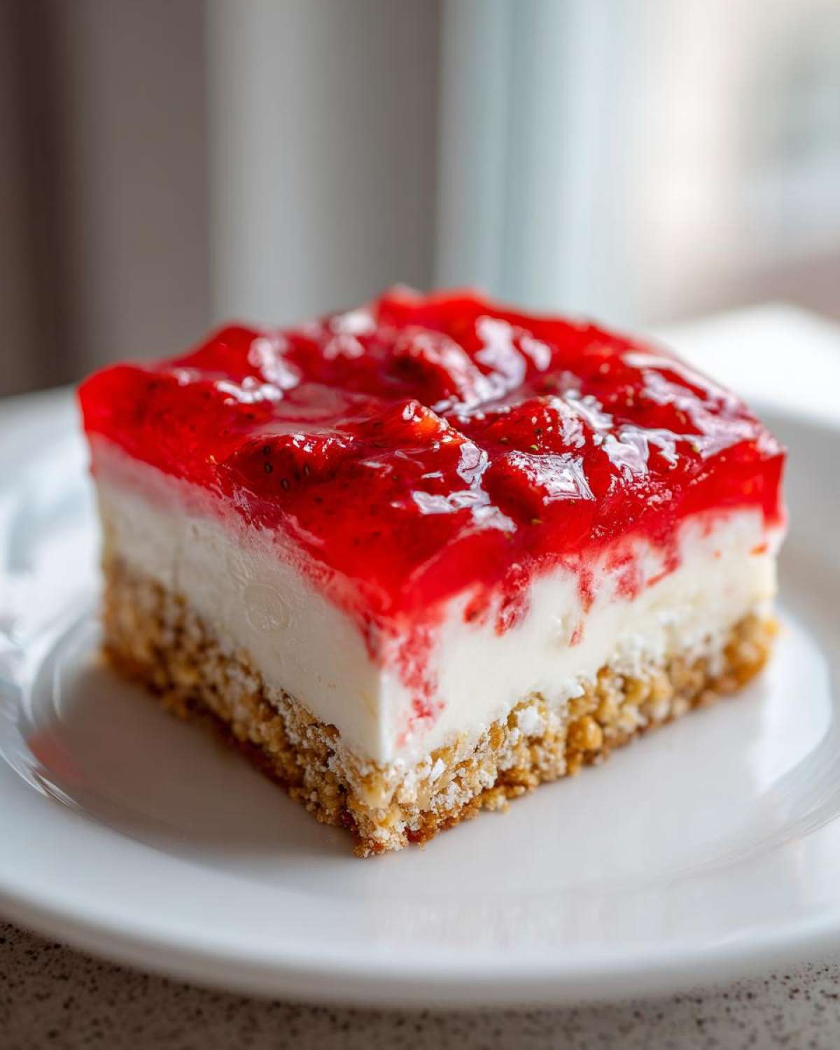 A close-up of a single serving of No-Bake Strawberry Pretzel Dessert Bars on a white plate.