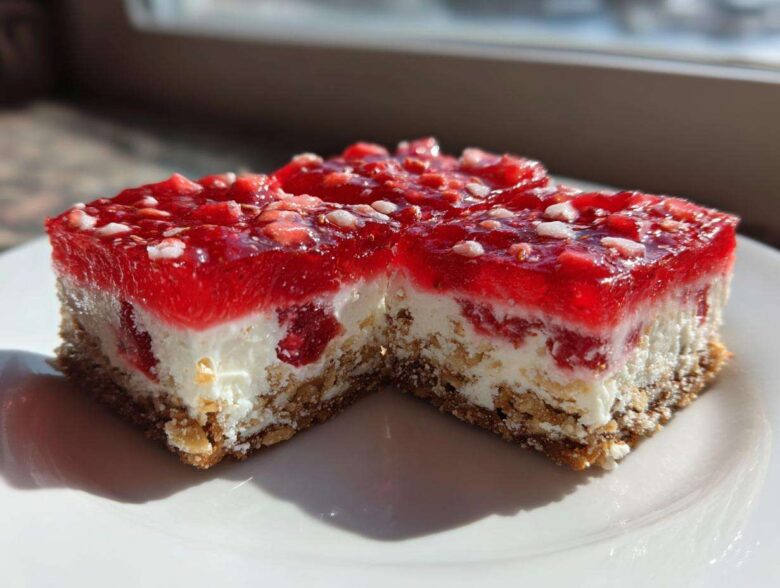 Two squares of No-Bake Strawberry Pretzel Dessert Bars showing the pretzel crust, cream cheese layer, and bright red strawberry gelatin topping.