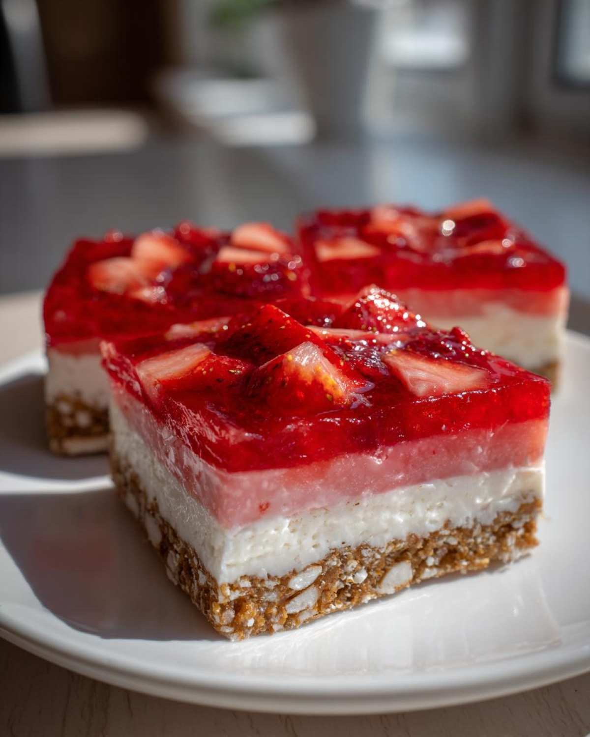 Three squares of No-Bake Strawberry Pretzel Dessert Bars showing the pretzel crust, cream cheese layer, and bright strawberry gelatin topping.