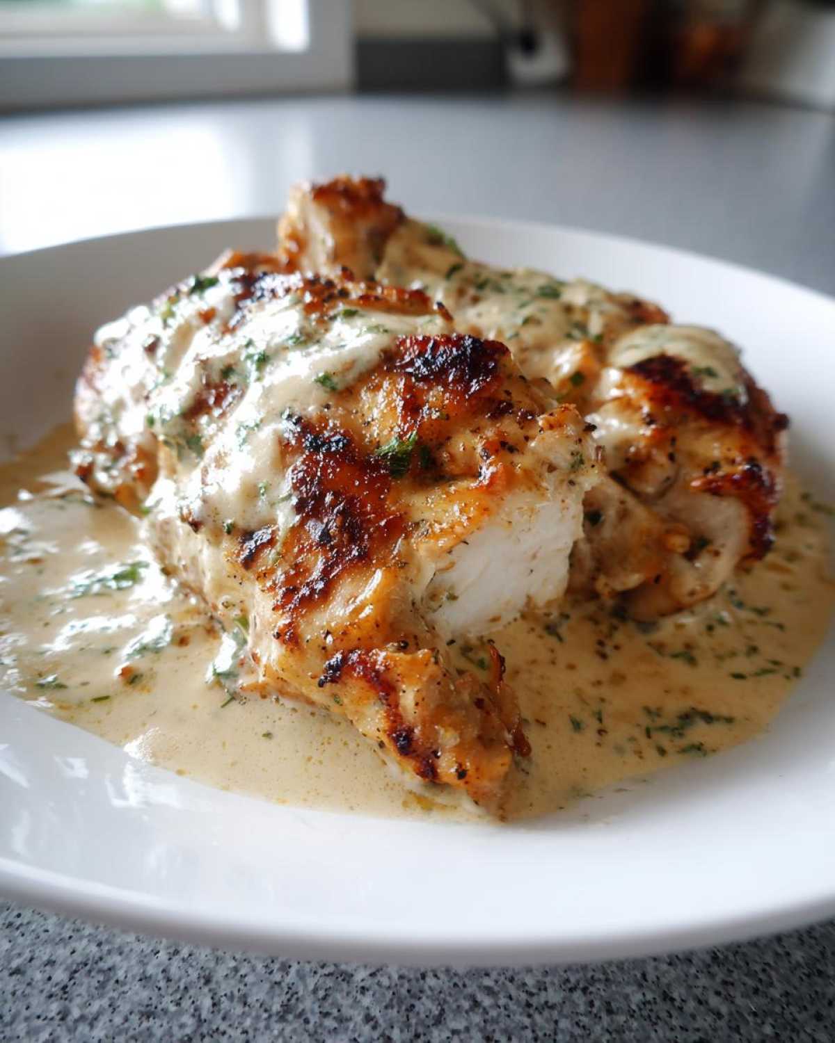 Close-up of seared chicken breasts smothered in creamy coconut lime sauce, garnished with parsley.
