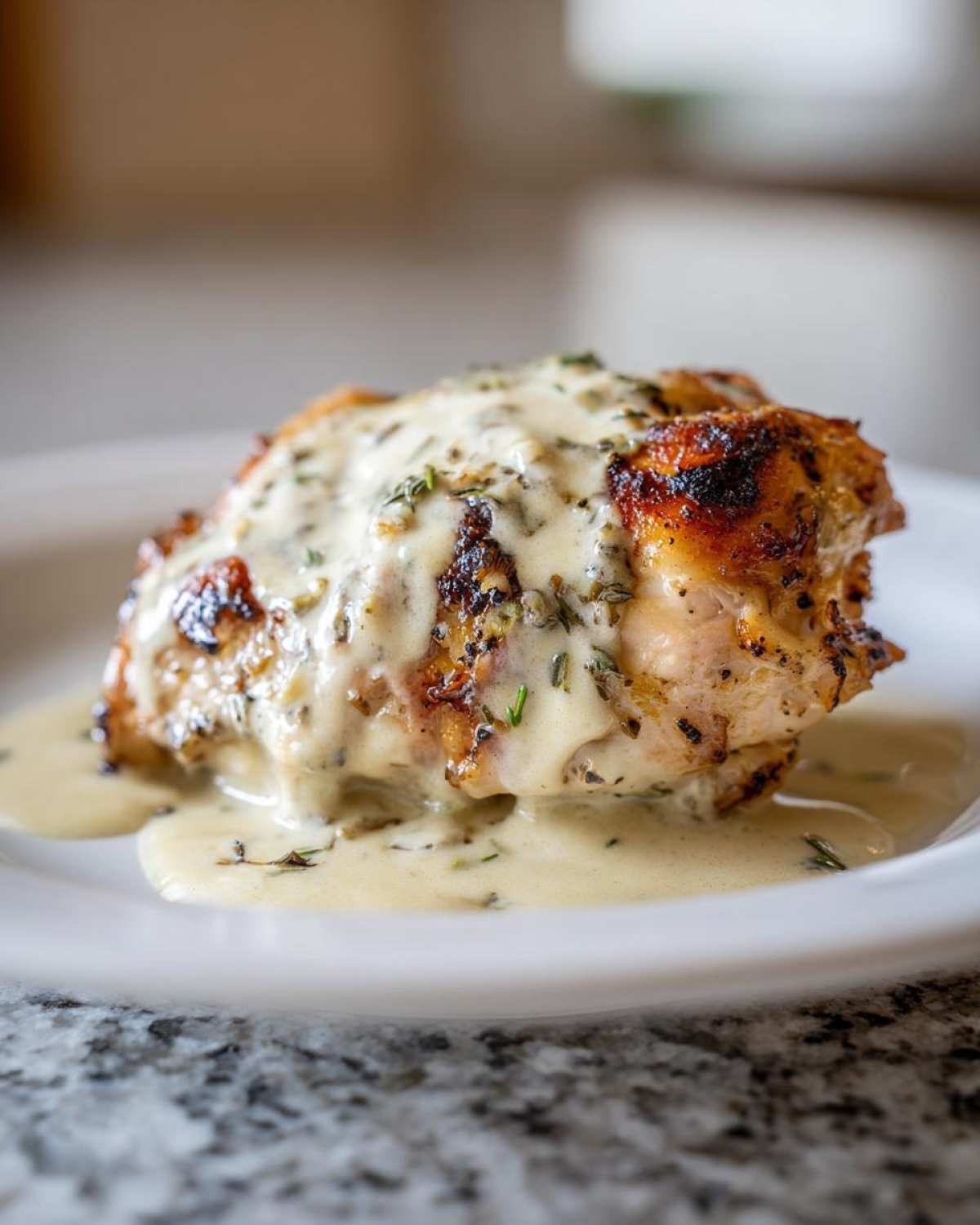 A perfectly cooked piece of chicken smothered in a creamy sauce, representing the One-Pan Creamy Coconut Lime Chicken.