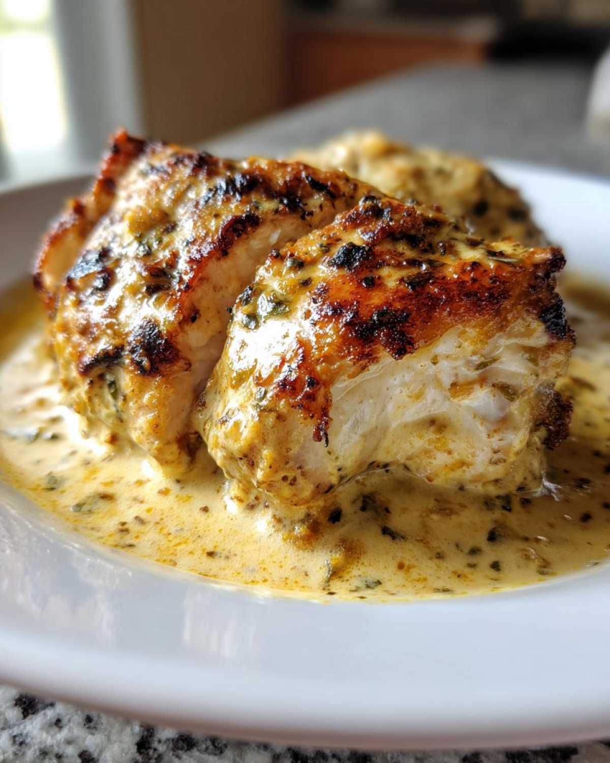 Two pieces of seared chicken breast covered in a rich, creamy coconut lime sauce, served on a white plate.