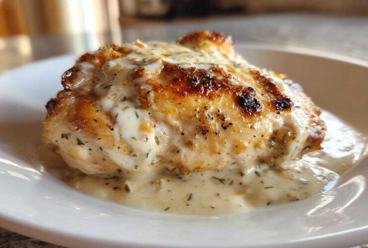 A single serving of One-Pan Creamy Coconut Lime Chicken, perfectly seared and smothered in a rich, light-colored sauce.