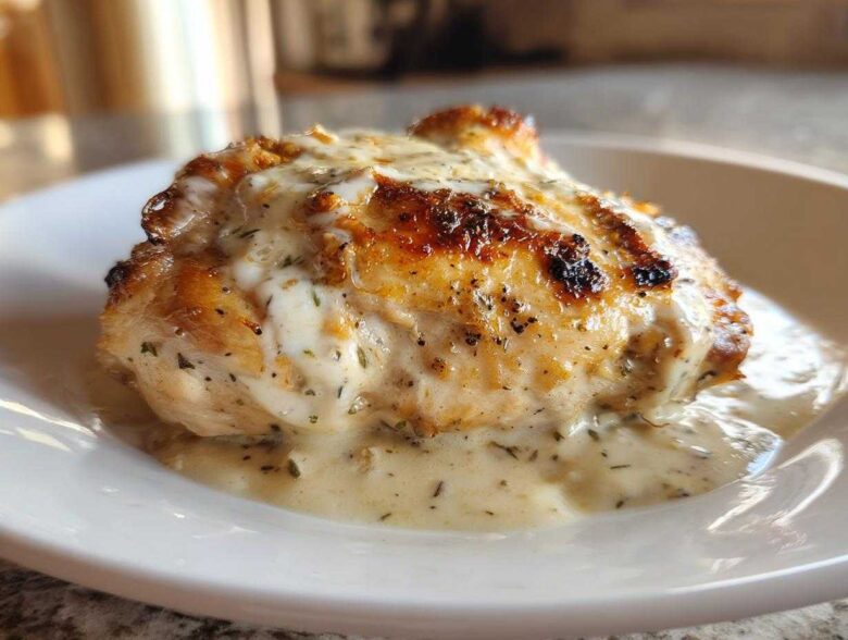 A single serving of One-Pan Creamy Coconut Lime Chicken, perfectly seared and smothered in a rich, light-colored sauce.