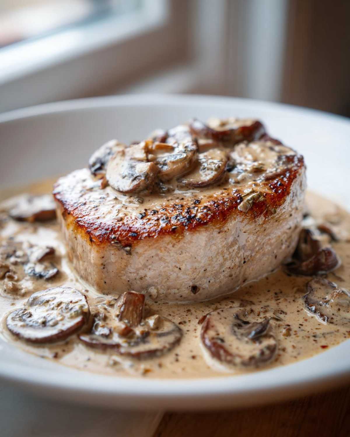 A perfectly seared pork chop smothered in creamy Dijon sauce and sliced mushrooms, part of the One-Pan Creamy Dijon Pork Chops recipe.