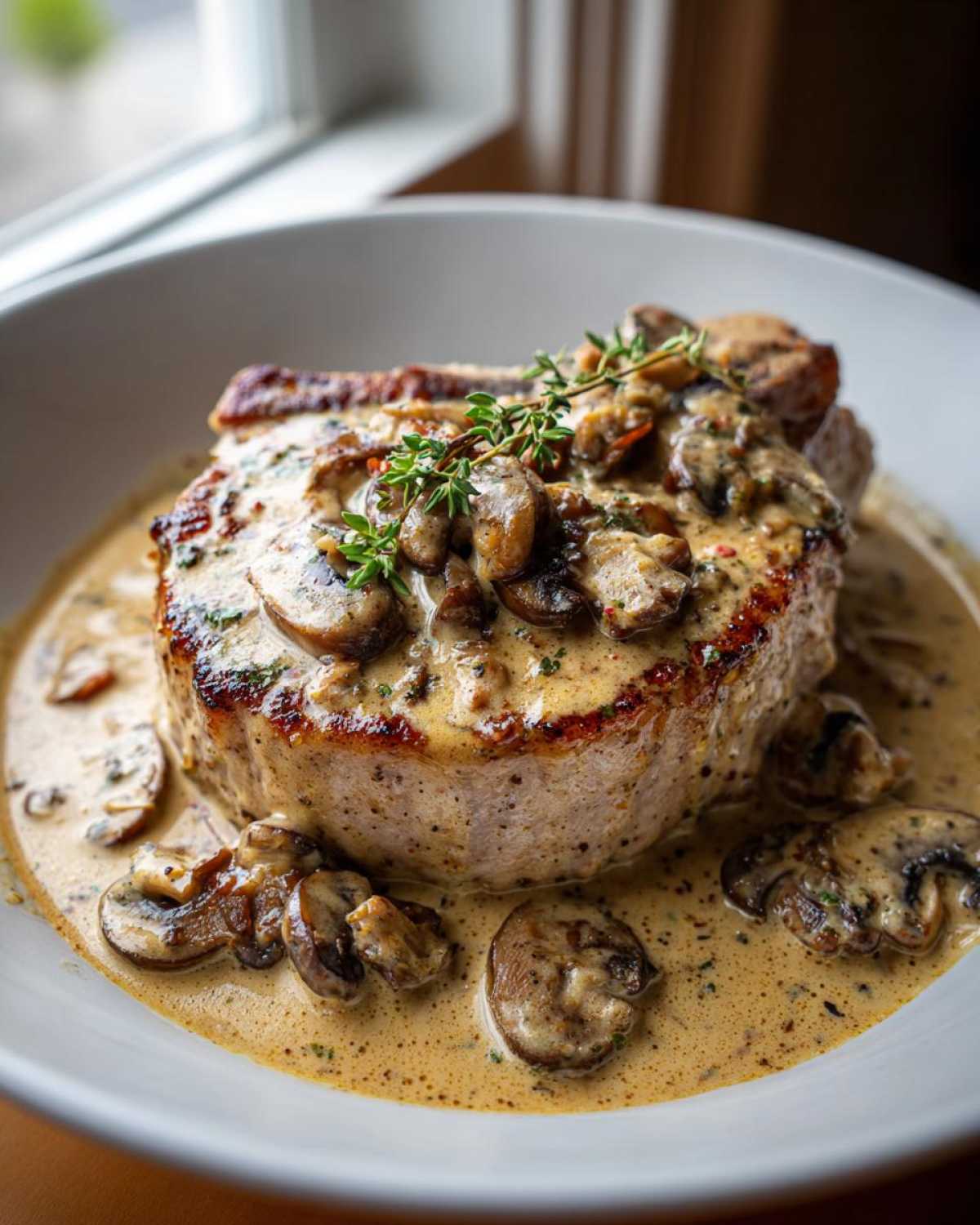A thick, seared pork chop smothered in creamy Dijon sauce and sautéed mushrooms, garnished with thyme.
