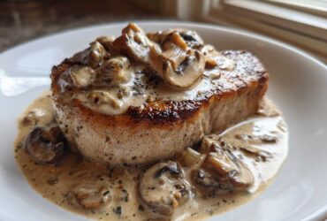 A thick, seared pork chop smothered in creamy Dijon sauce and sliced mushrooms, part of the One-Pan Creamy Dijon Pork Chops recipe.