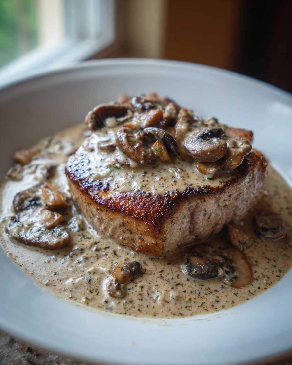 A perfectly seared pork chop smothered in creamy Dijon sauce and sautéed mushrooms, part of the One-Pan Creamy Dijon Pork Chops recipe.