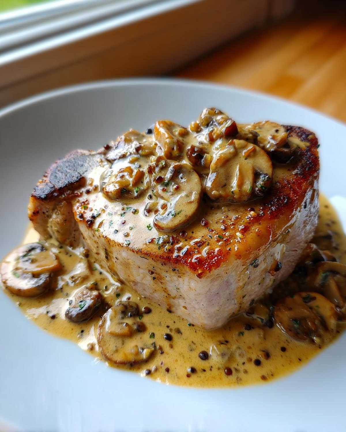 A thick, seared pork chop smothered in creamy Dijon sauce and sliced mushrooms, showcasing the One-Pan Creamy Dijon Pork Chops with Mushrooms.