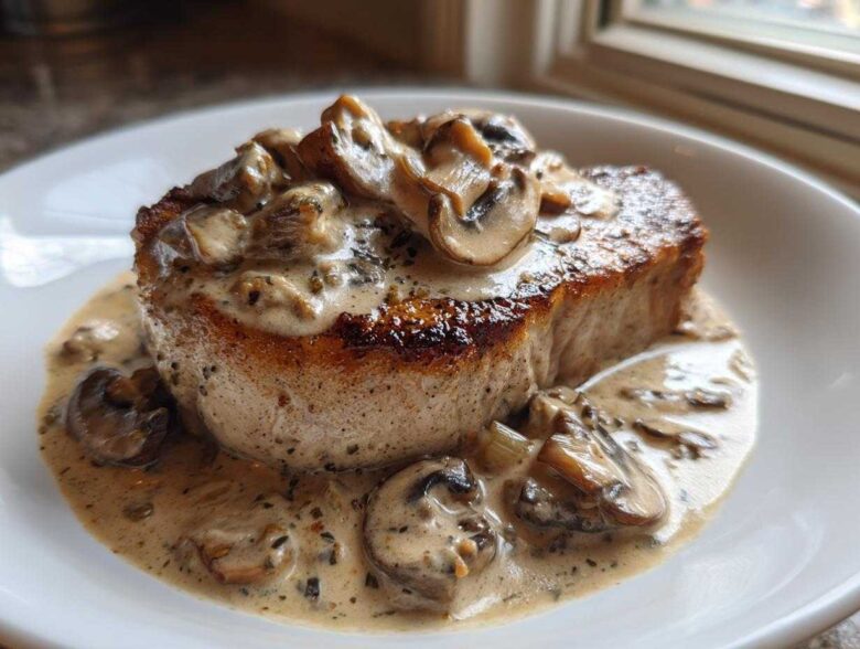 A thick, seared pork chop smothered in creamy Dijon sauce and sliced mushrooms, part of the One-Pan Creamy Dijon Pork Chops recipe.