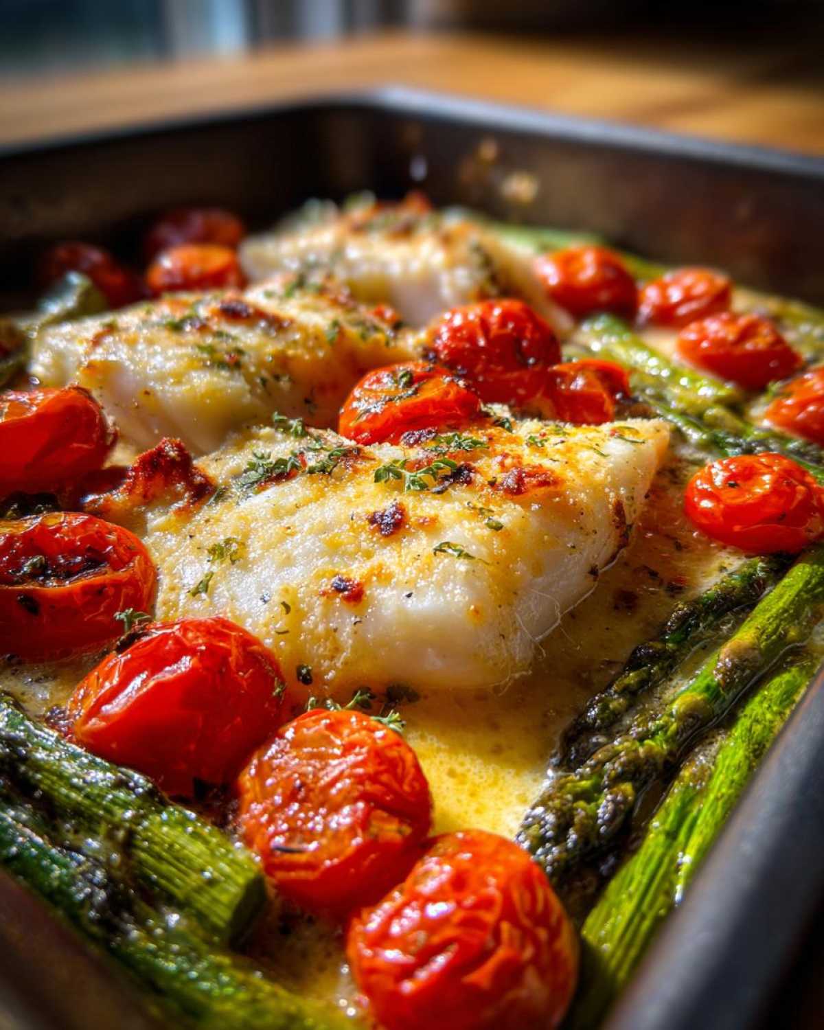 Close-up of One-Pan Creamy Garlic Butter Tilapia fillets baked with roasted cherry tomatoes and asparagus.