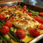 Close-up of One-Pan Creamy Garlic Butter Tilapia fillet topped with melted cheese, baked with roasted cherry tomatoes and asparagus.
