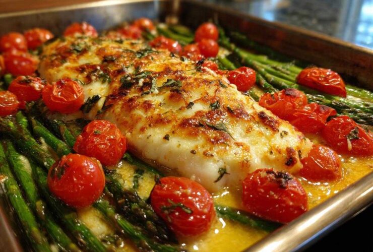 Close-up of One-Pan Creamy Garlic Butter Tilapia fillet topped with melted cheese, baked with roasted cherry tomatoes and asparagus.