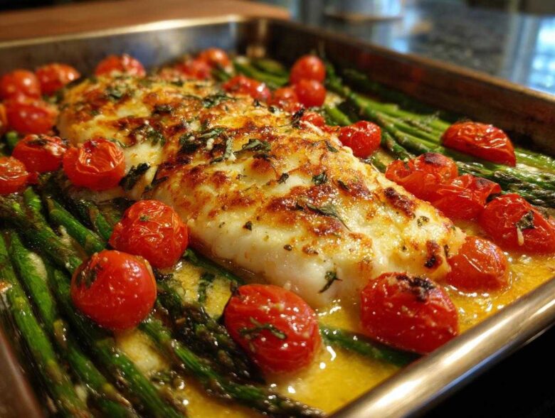 Close-up of One-Pan Creamy Garlic Butter Tilapia fillet topped with melted cheese, baked with roasted cherry tomatoes and asparagus.