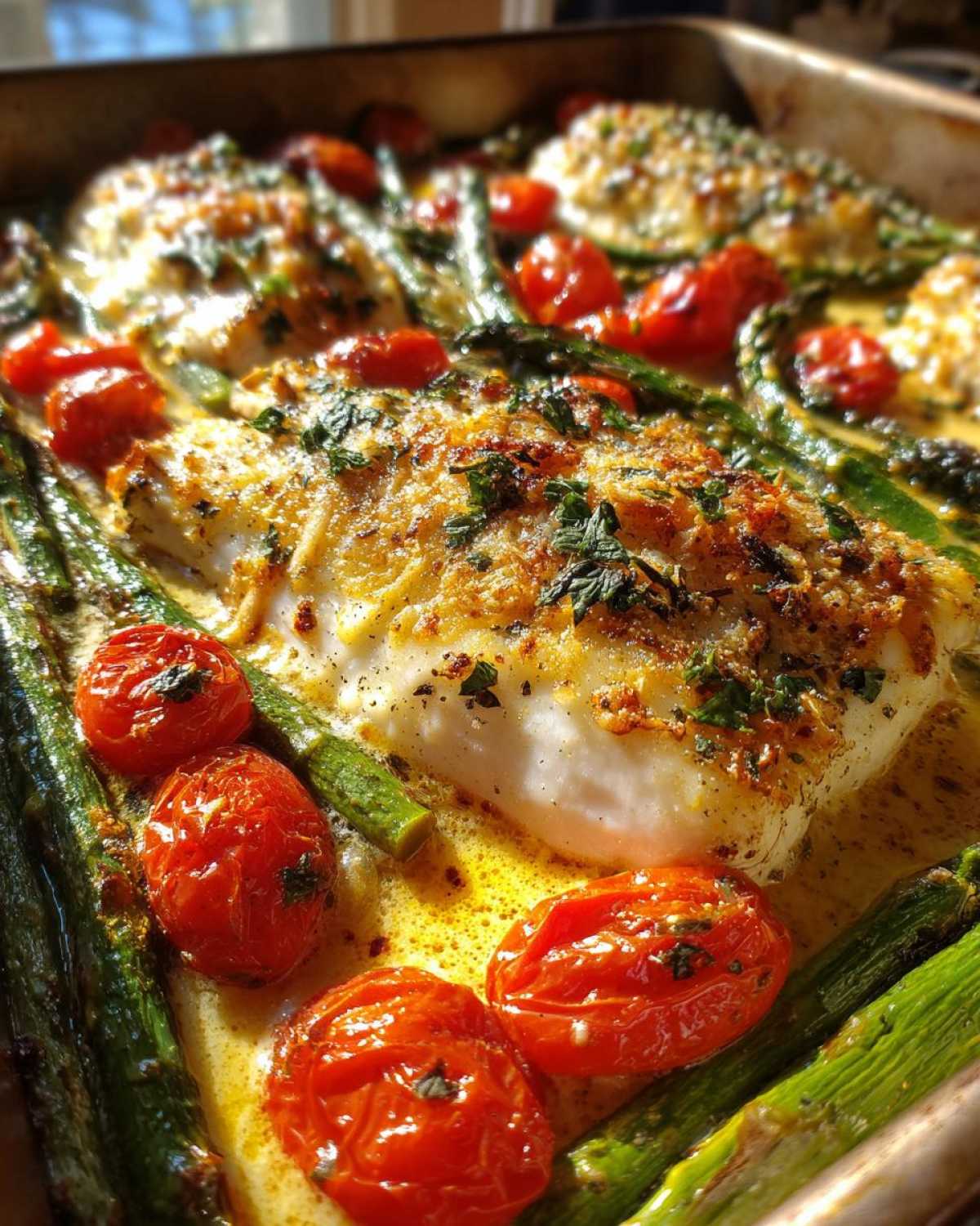 Close-up of One-Pan Creamy Garlic Butter Tilapia fillet topped with herbs, surrounded by roasted cherry tomatoes and asparagus in a rich sauce.