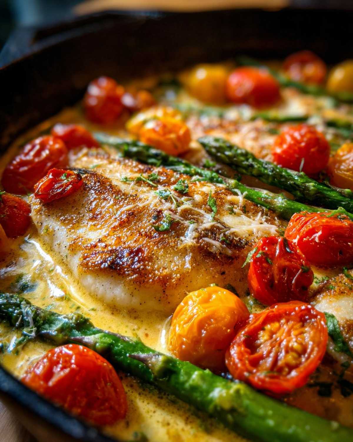 Close-up of One-Pan Creamy Garlic Butter Tilapia fillets topped with roasted cherry tomatoes and asparagus in a rich sauce.