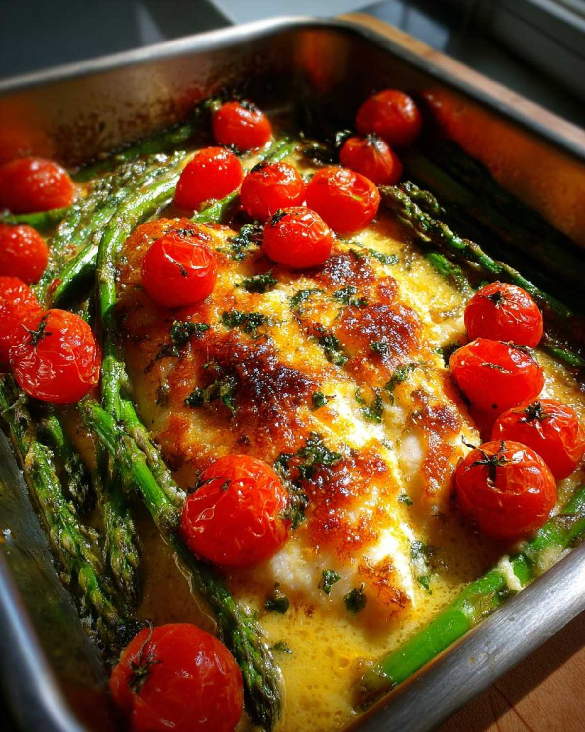 Close-up of One-Pan Creamy Garlic Butter Tilapia topped with melted cheese, roasted cherry tomatoes, and asparagus.