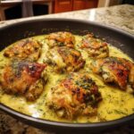 Six golden-brown One-Pan Creamy Lemon Dill Chicken Thighs simmering in a rich, yellow dill sauce.