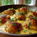 Six golden brown chicken thighs simmering in a creamy lemon dill sauce, garnished with fresh dill.