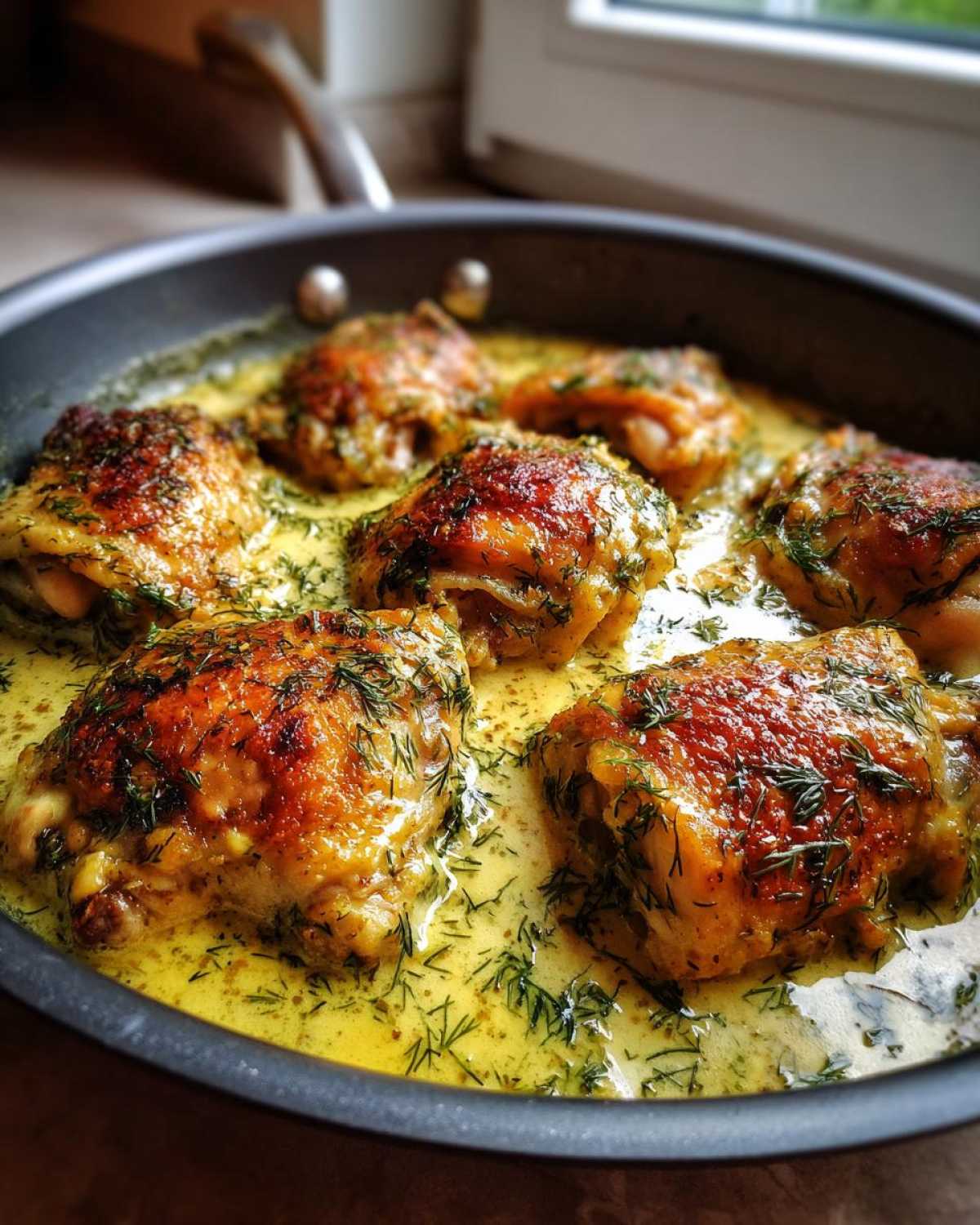 Six golden-brown chicken thighs simmering in a creamy lemon dill sauce in a black skillet.