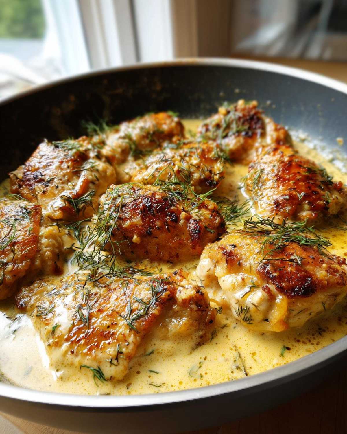 Close-up of golden brown One-Pan Creamy Lemon Dill Chicken Thighs simmering in a rich, yellow dill sauce.