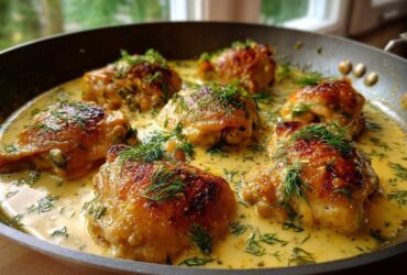 Six golden brown chicken thighs simmering in a creamy lemon dill sauce, garnished with fresh dill.