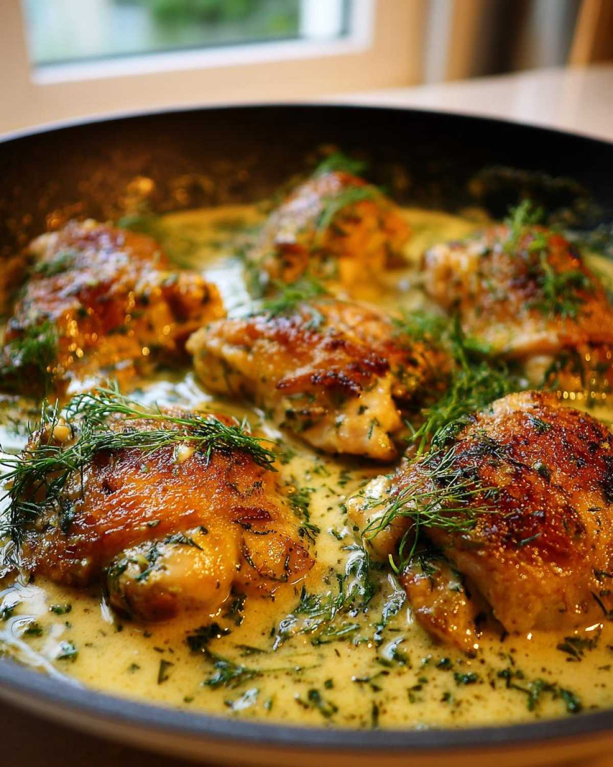 Close-up of seared One-Pan Creamy Lemon Dill Chicken Thighs simmering in a rich, yellow-green dill sauce.