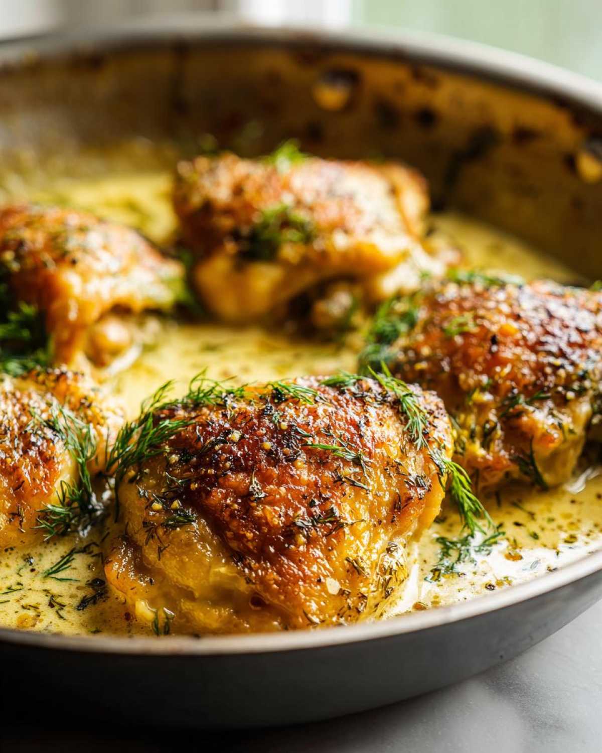 Close-up of golden brown One-Pan Creamy Lemon Dill Chicken Thighs simmering in a rich, yellow dill sauce.