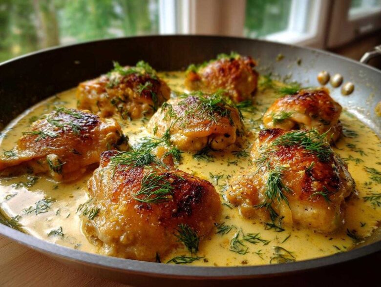 Six golden brown chicken thighs simmering in a creamy lemon dill sauce, garnished with fresh dill.