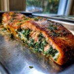 Close-up of a perfectly cooked One-Pan Creamy Spinach Feta Stuffed Salmon, showing the golden crust and creamy green filling.