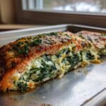 Close-up of baked One-Pan Creamy Spinach Feta Stuffed Salmon on a baking sheet, showing the golden top and rich green filling.