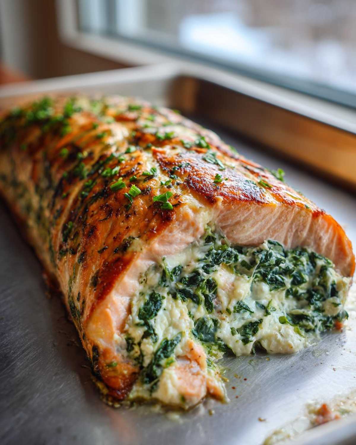 A close-up of a golden-brown, baked One-Pan Creamy Spinach Feta Stuffed Salmon, sliced open to show the cheesy spinach filling.