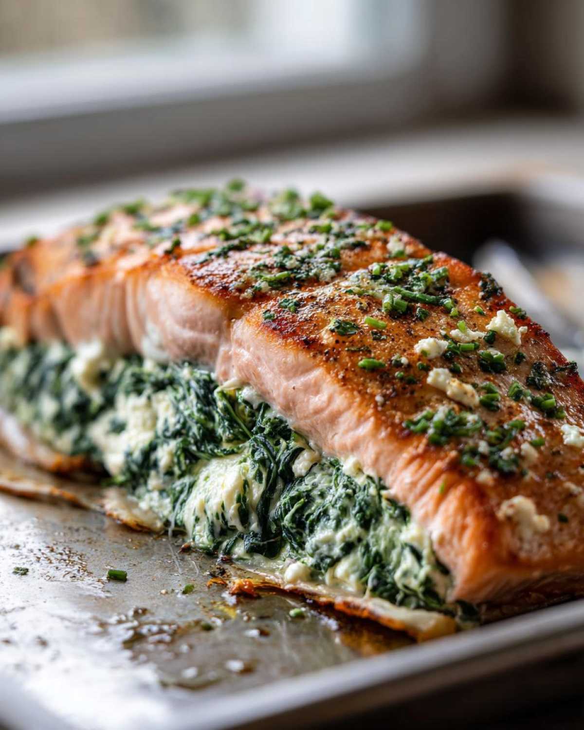 Close-up of a baked One-Pan Creamy Spinach Feta Stuffed Salmon, split open to show the creamy filling on a baking sheet.