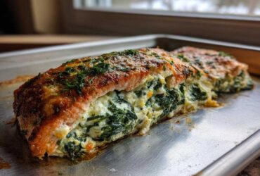 Close-up of baked One-Pan Creamy Spinach Feta Stuffed Salmon on a baking sheet, showing the golden top and rich green filling.