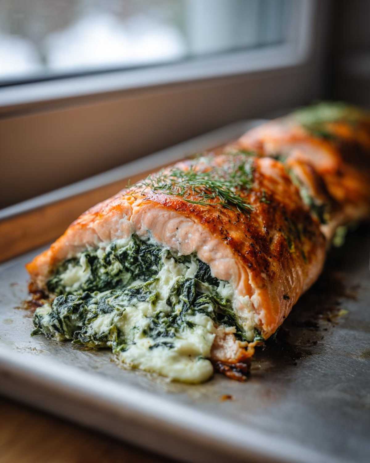 Close-up of baked One-Pan Creamy Spinach Feta Stuffed Salmon, showing the creamy filling spilling out.