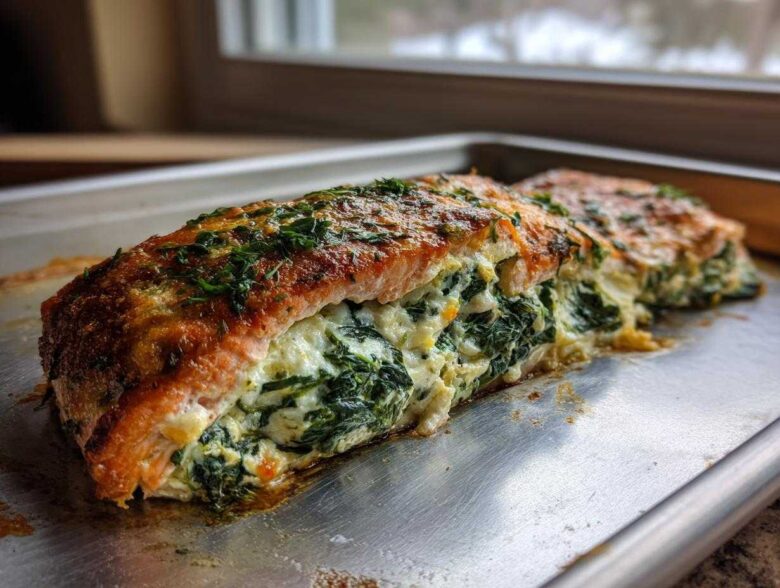 Close-up of baked One-Pan Creamy Spinach Feta Stuffed Salmon on a baking sheet, showing the golden top and rich green filling.