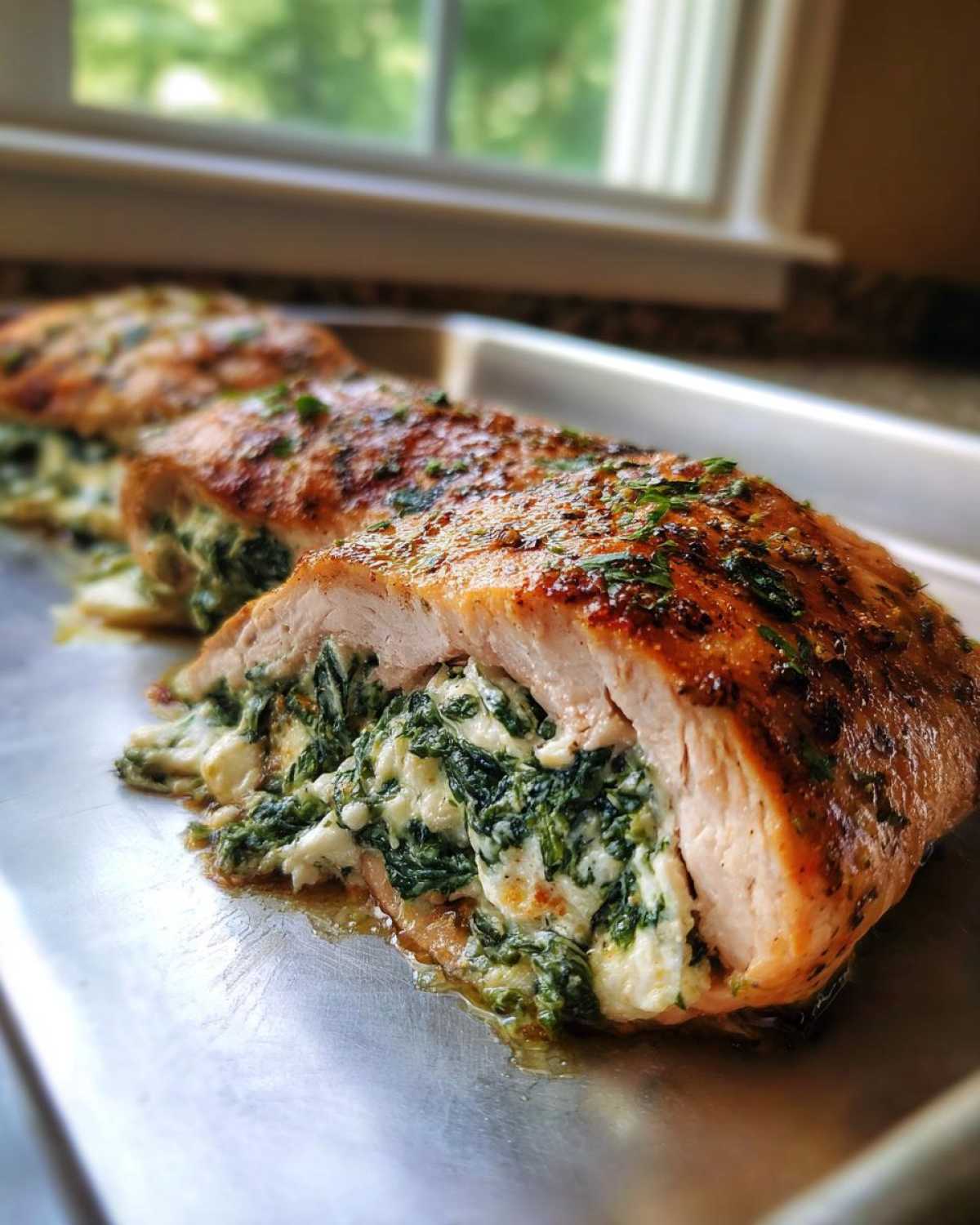 A cross-section view of a perfectly cooked One-Pan Creamy Spinach Feta Stuffed Salmon, showing the rich filling.