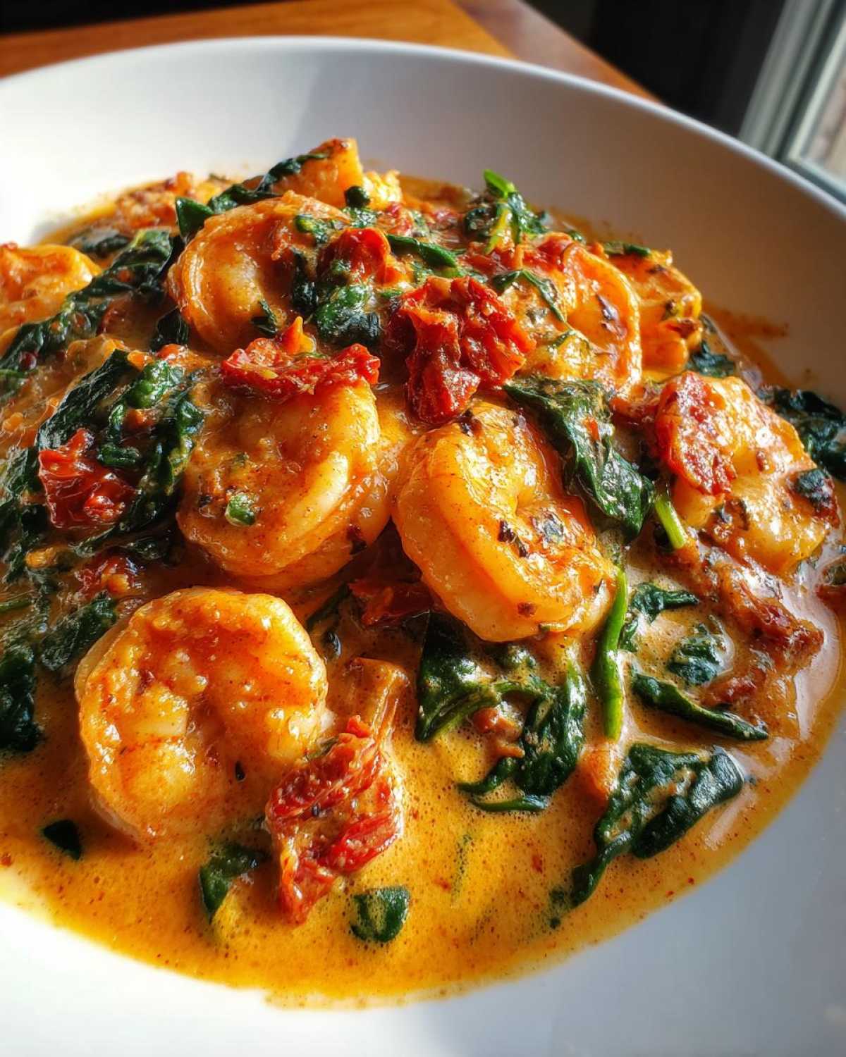 Plump shrimp coated in a rich, creamy sauce with spinach and sun-dried tomatoes: One-Pan Creamy Sun-Dried Tomato Shrimp.