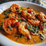 Close-up of plump shrimp coated in a rich, creamy sauce with spinach and sun-dried tomatoes: One-Pan Creamy Sun-Dried Tomato Shrimp.