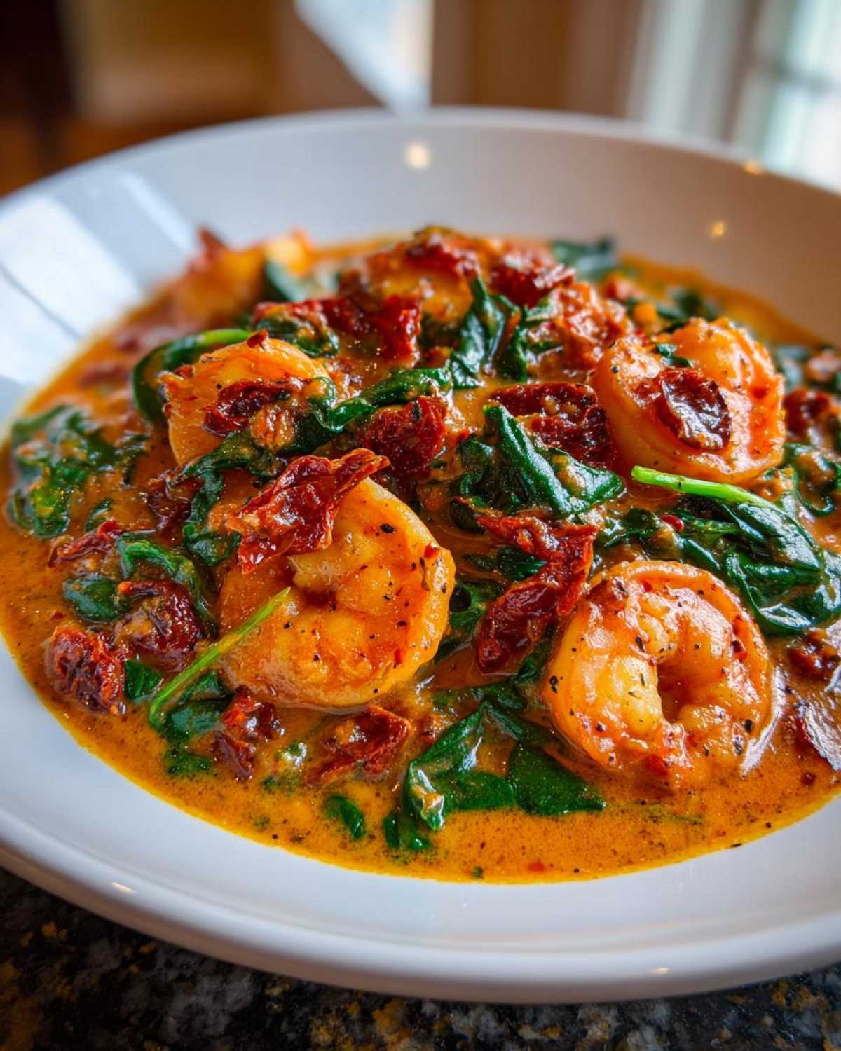A close-up bowl of One-Pan Creamy Sun-Dried Tomato Shrimp with spinach and rich orange sauce.