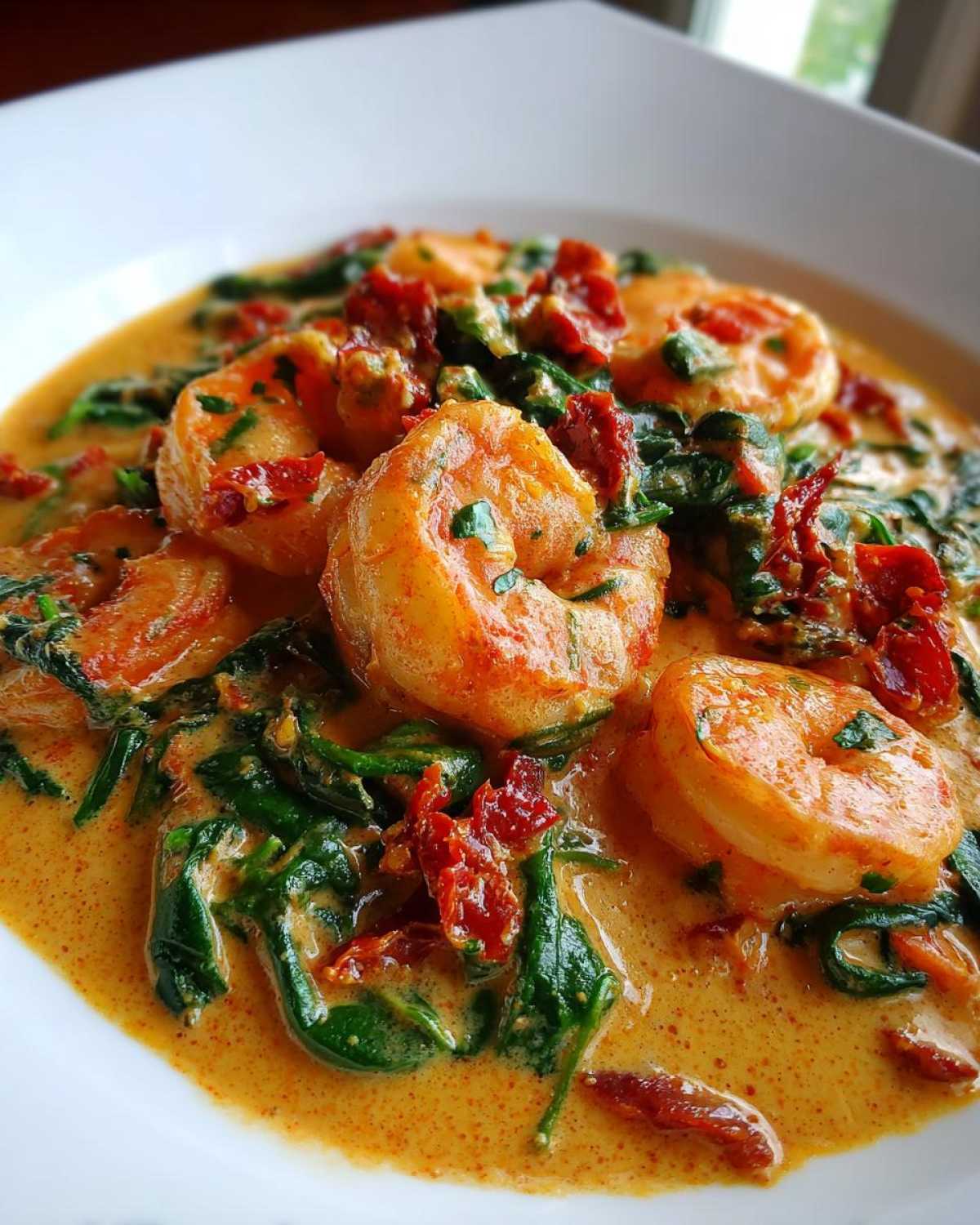 Close-up of plump shrimp coated in a rich, creamy sauce with wilted spinach and sun-dried tomatoes: One-Pan Creamy Sun-Dried Tomato Shrimp.
