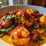 Plump shrimp coated in a rich, creamy sauce with spinach and sun-dried tomatoes in the One-Pan Creamy Sun-Dried Tomato Shrimp dish.